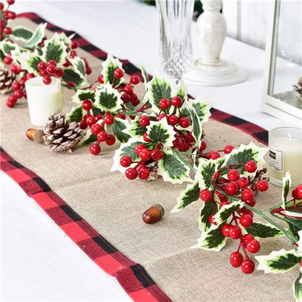 6Ft Red Berry Christmas Garland with Green Leaves, Flexible Artificial